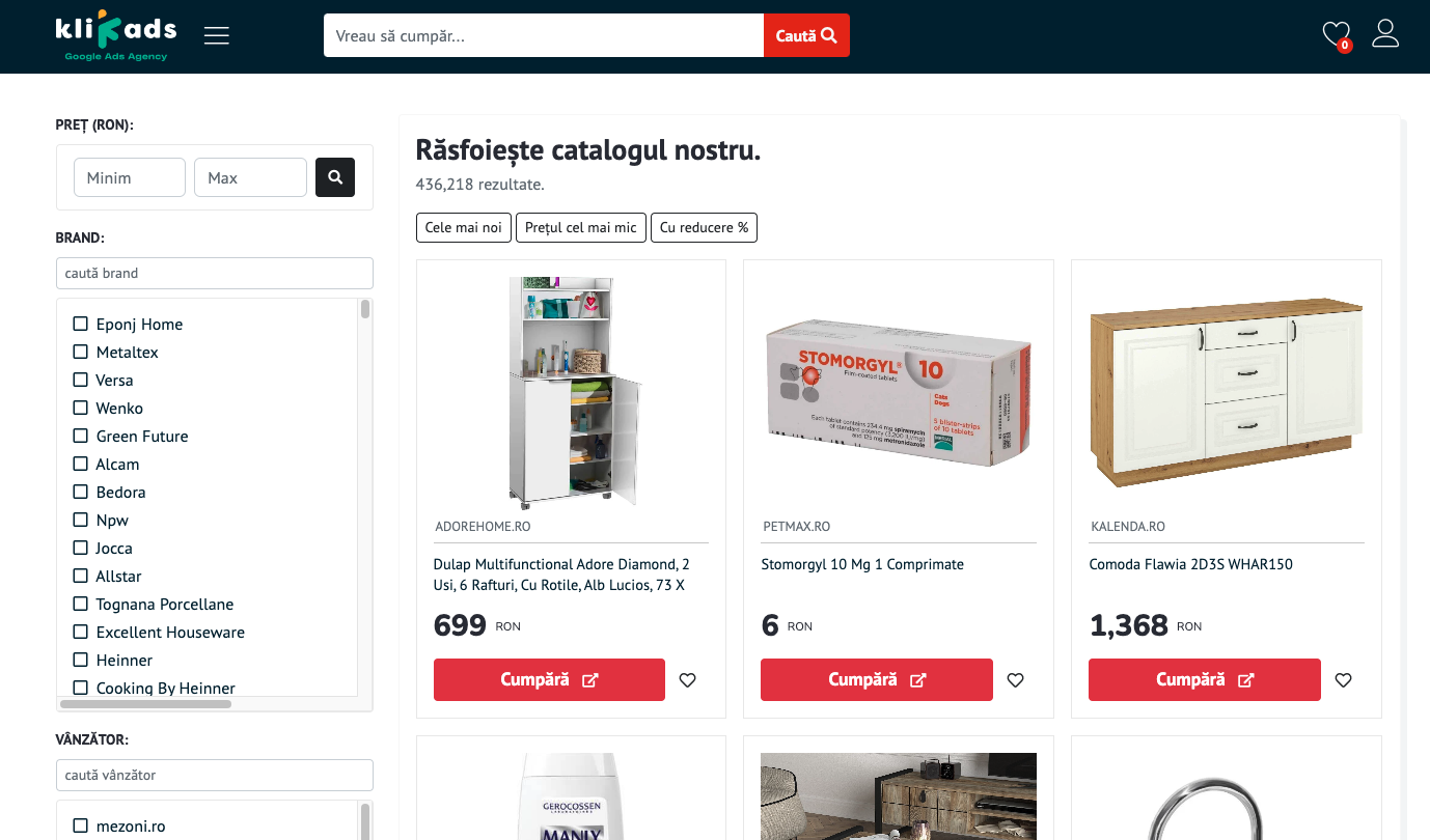 Platformă de comparare prețuri KlikAds cu produse diverse